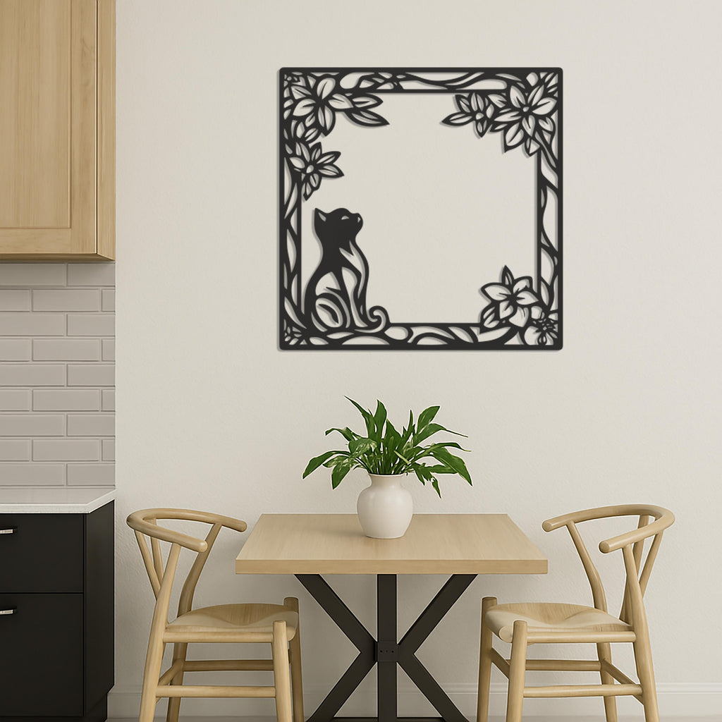 Cat Metal Wall Art, Floral Cat Wall Decor, Cat Lover Gift, Minimalist Metal Art, Cat Frame Wall Hanging, Nature Inspired Cat Wall Panel