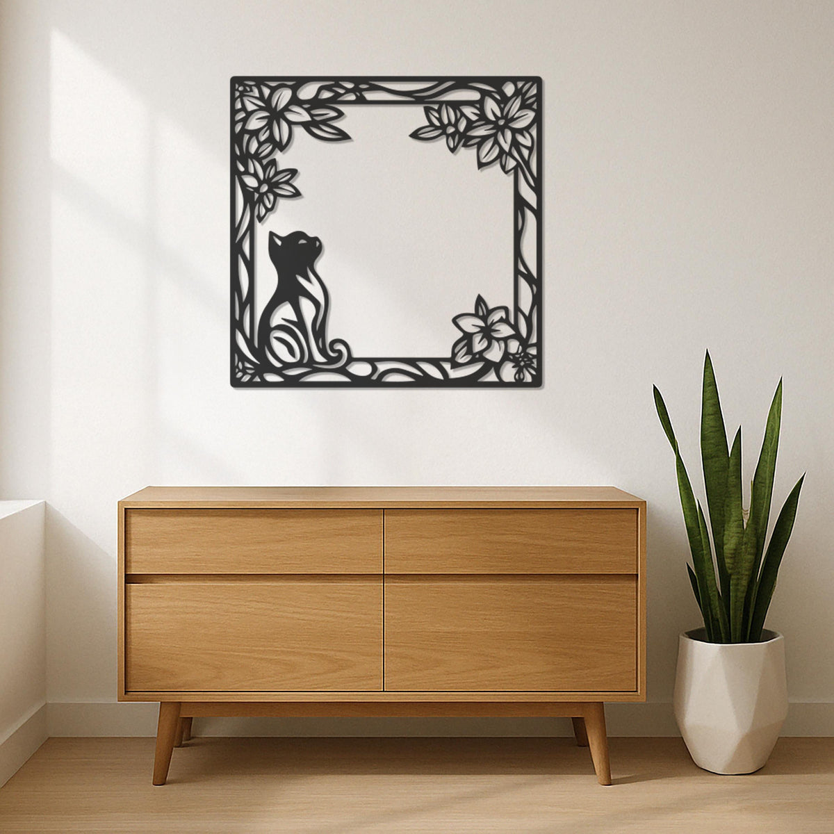 Cat Metal Wall Art, Floral Cat Wall Decor, Cat Lover Gift, Minimalist Metal Art, Cat Frame Wall Hanging, Nature Inspired Cat Wall Panel