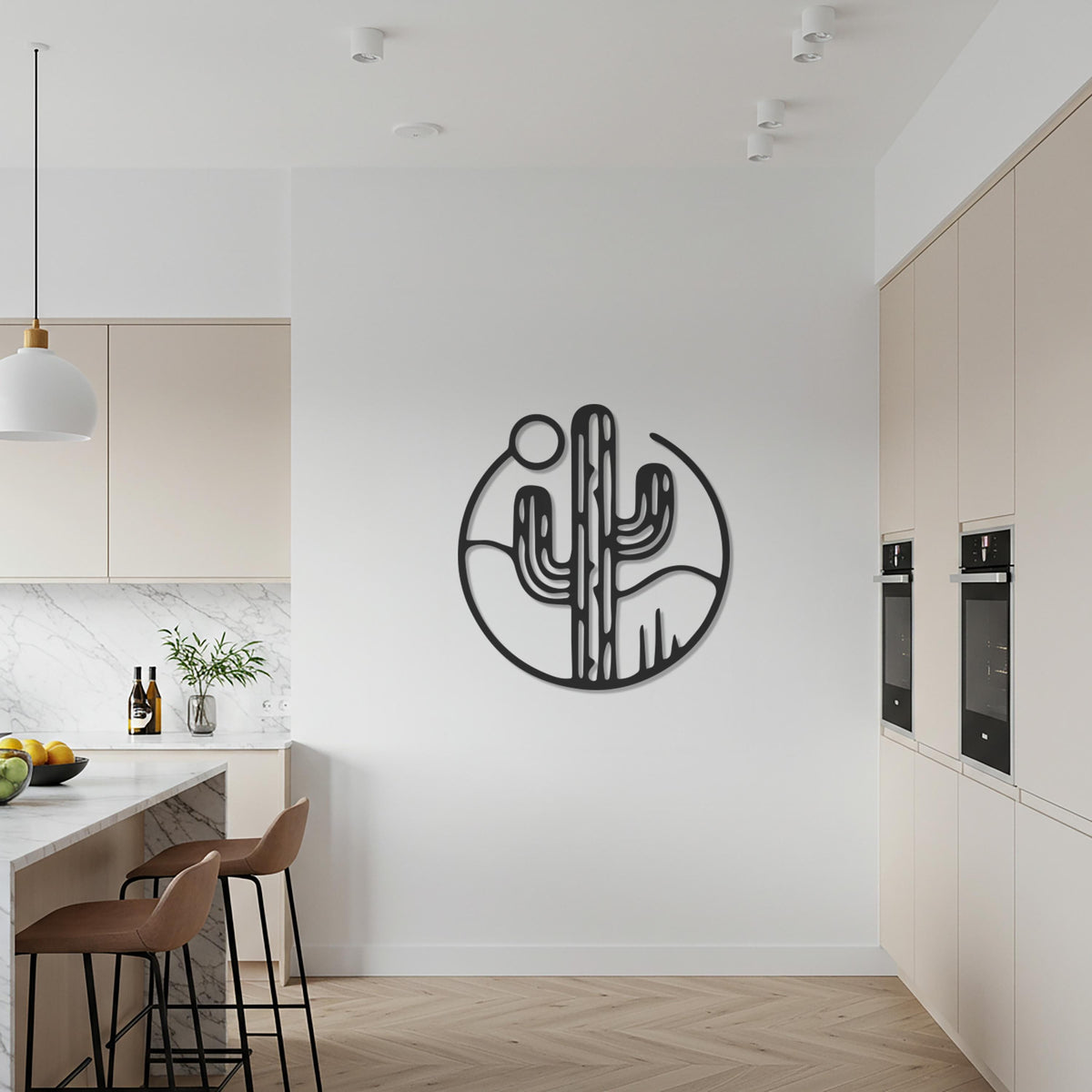 Cactus Metal Wall Art, Round Iron Desert Wall Decor For Kitchen Or Entryway, Modern Black Home Accent, Unique Housewarming Gift