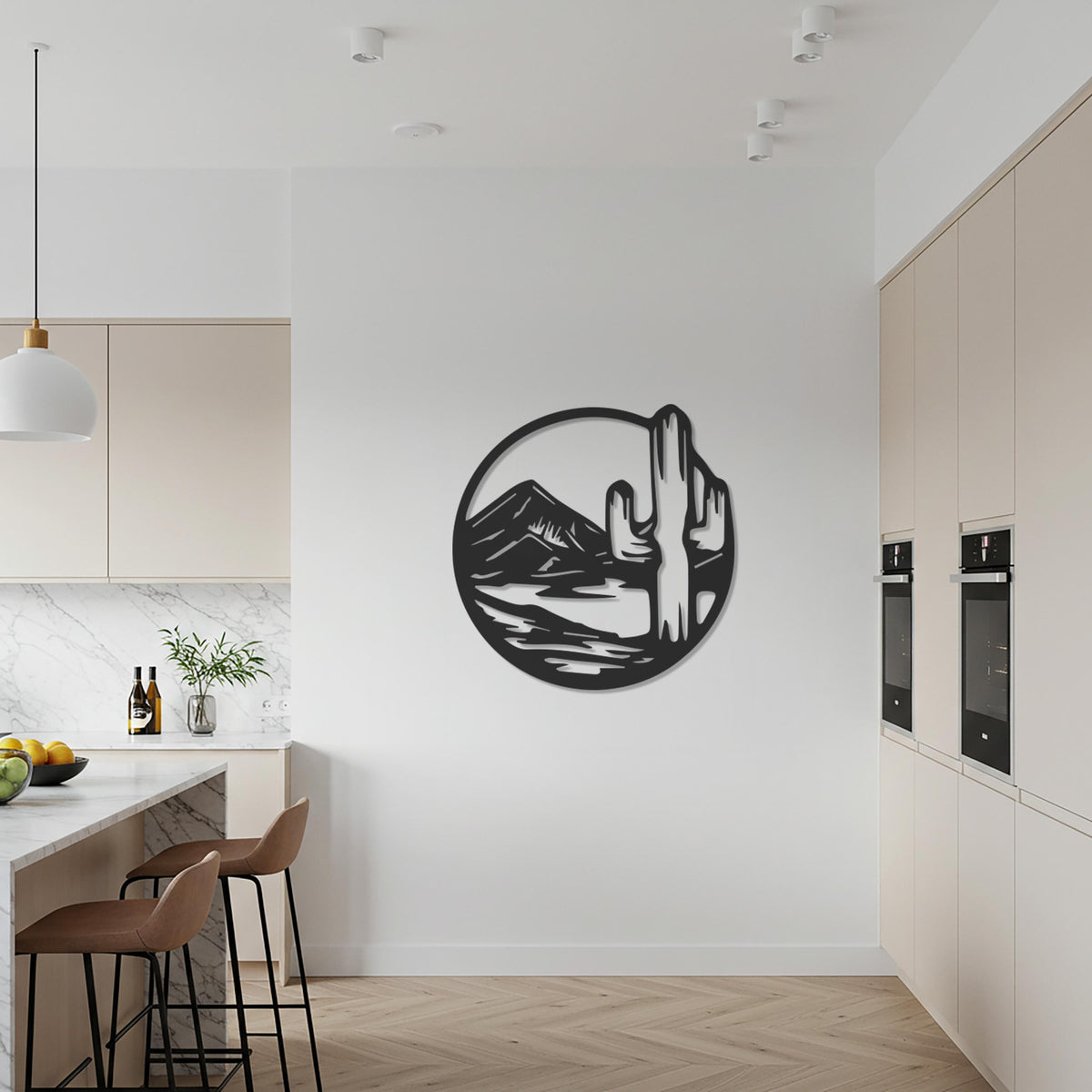 Cactus Mountain Metal Wall Art, Round Black Iron Desert Scene Decor, Modern Home Wall Accent For Kitchen Or Entryway, Gift For Housewarming