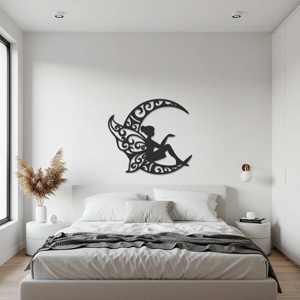 Fairy Moon Metal Wall Art, Gold Iron Silhouette For Bedroom Or Reading Room, Whimsical Home Decor, Celestial Housewarming Gift