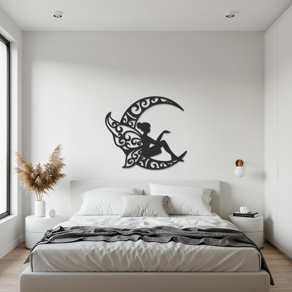 Fairy Moon Metal Wall Art, Gold Iron Silhouette For Bedroom Or Reading Room, Whimsical Home Decor, Celestial Housewarming Gift