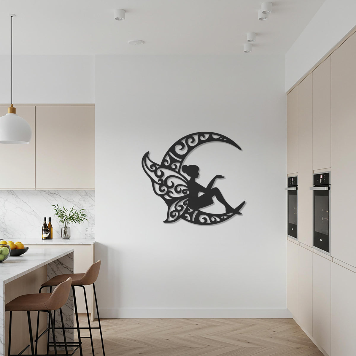 Fairy Moon Metal Wall Art, Gold Iron Silhouette For Bedroom Or Reading Room, Whimsical Home Decor, Celestial Housewarming Gift