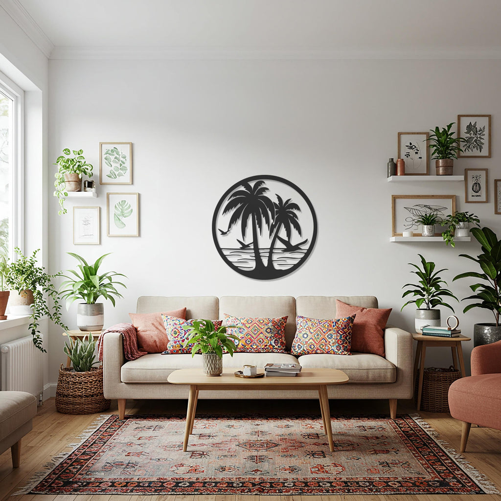 Palm Tree Metal Wall Art, Round Tropical Beach Wall Decor, Coastal Wall Sculpture for Kitchen or Patio, Circle Metal Artwork Modern Home