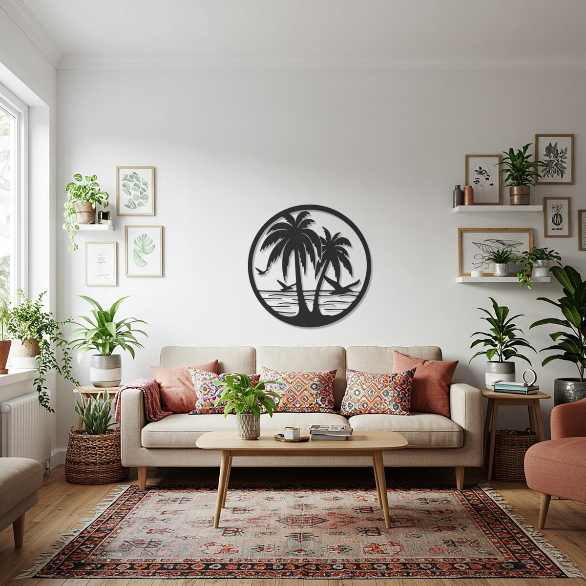 Palm Tree Metal Wall Art, Round Tropical Beach Wall Decor, Coastal Wall Sculpture for Kitchen or Patio, Circle Metal Artwork Modern Home