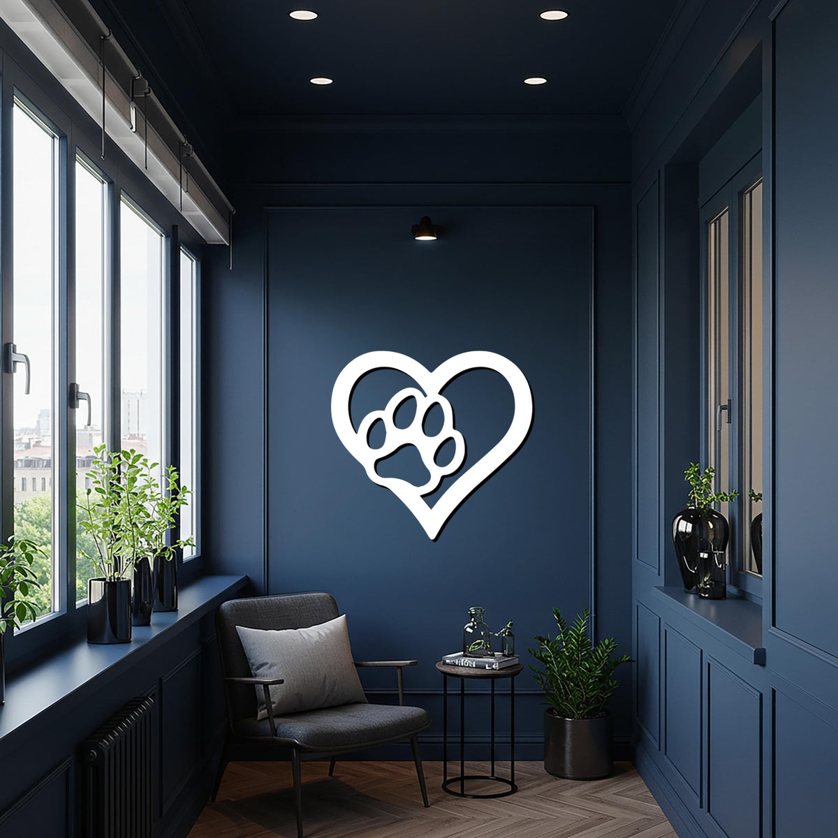 Paw Heart Metal Wall Art, Pet Lover Wall Decor, Dog and Cat Silhouette Heart Sign, Animal Paw Print Wall Hanging for Home or Office