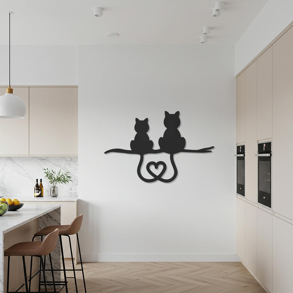 Two Cats on Branch, Heart Tail Metal Wall Art, Romantic Cat Silhouette, Animal Lovers Gift, Minimalist Pet Wall Decor for Modern Homes