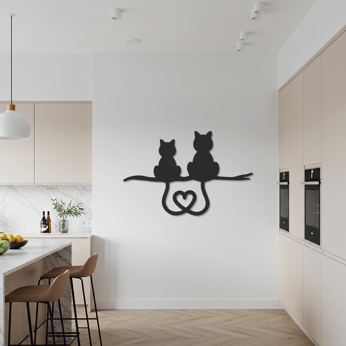 Two Cats on Branch, Heart Tail Metal Wall Art, Romantic Cat Silhouette, Animal Lovers Gift, Minimalist Pet Wall Decor for Modern Homes