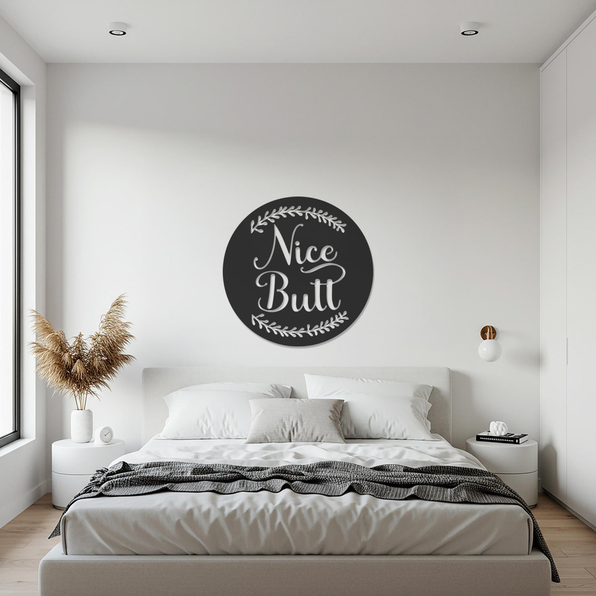 Nice Butt Round Metal Wall Art Sign, Funny Bathroom or Toilet Humor Decor, Modern Farmhouse Style Quote for Playful Home Accent