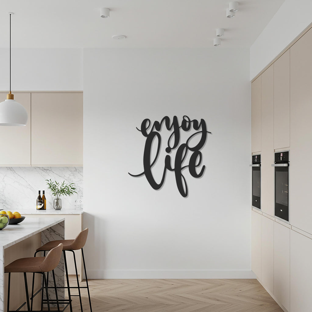 Enjoy Life Metal Wall Art Sign, Inspirational Quote Wall Decor, Modern Script Lettering, Positive Living Room Kitchen Bedroom Decoration