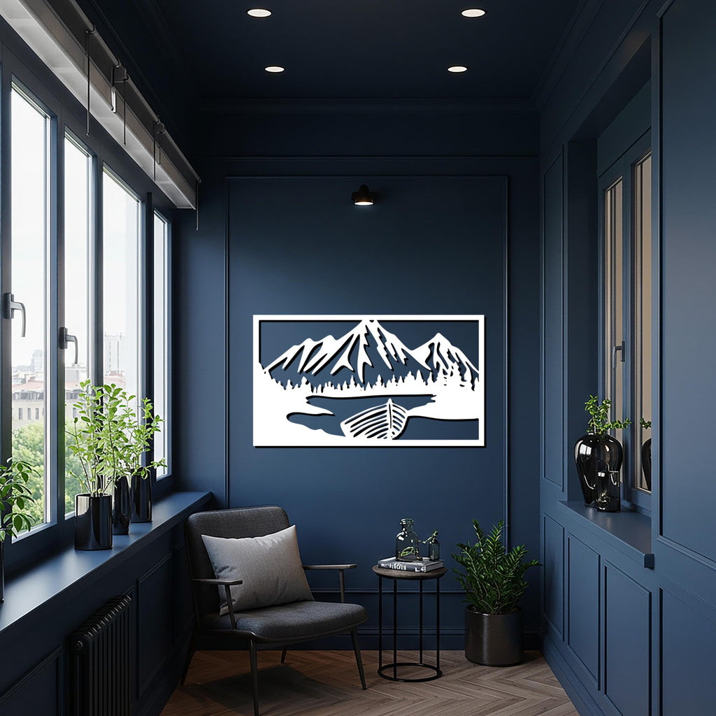 Mountain Landscape Metal Wall Art, Nature Scene with Boat and Lake, Rustic Cabin Wall Decor, Modern Lodge Artwork for Living Spaces