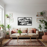 Mountain Landscape Metal Wall Art, Nature Scene with Boat and Lake, Rustic Cabin Wall Decor, Modern Lodge Artwork for Living Spaces 4