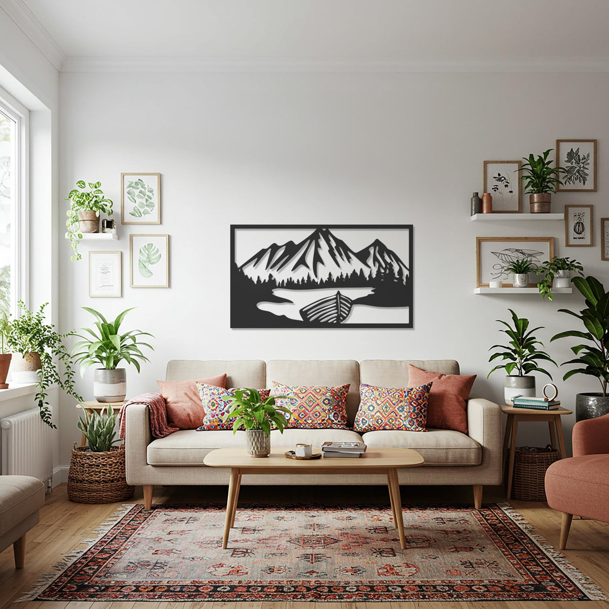 Mountain Landscape Metal Wall Art, Nature Scene with Boat and Lake, Rustic Cabin Wall Decor, Modern Lodge Artwork for Living Spaces