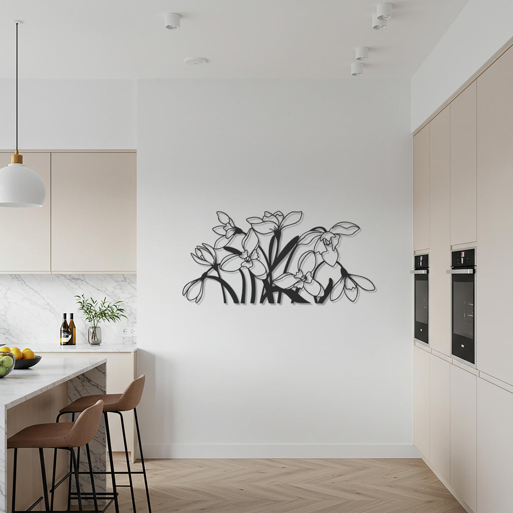 Floral Line Art Metal Wall Decor, Minimal Botanical Flower Silhouette, Elegant Bloom Design, Modern Nature-Inspired Kitchen Wall Art