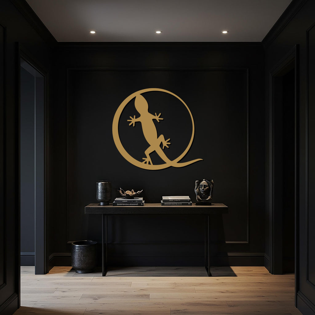 Gecko Lizard Metal Wall Art, Modern Circle Reptile Silhouette Decor, Minimalist Animal Artwork for Kitchen, Patio, or Indoor Spaces