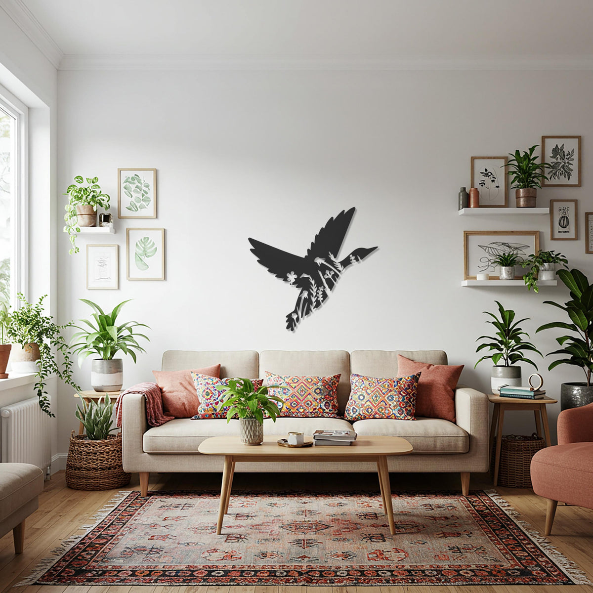 Bird Metal Wall Art, Flying Bird Silhouette with Floral Design, Modern Nature Wall Decor, Kitchen and Living Space Artistic Decoration