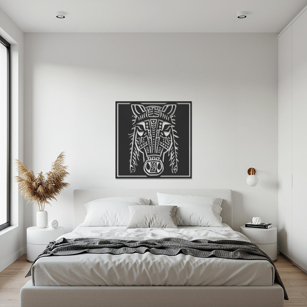 Geometric Horse Head Metal Wall Art, Tribal Style Square Animal Silhouette, Modern Black Decor, Bold Statement Artwork for Home & Office