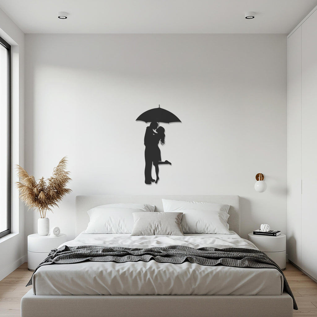 Romantic Couple Wall Art, Under Umbrella Silhouette, Modern Love Metal Decor, Black Iron Wall Sculpture for Elegant and Warm Interiors