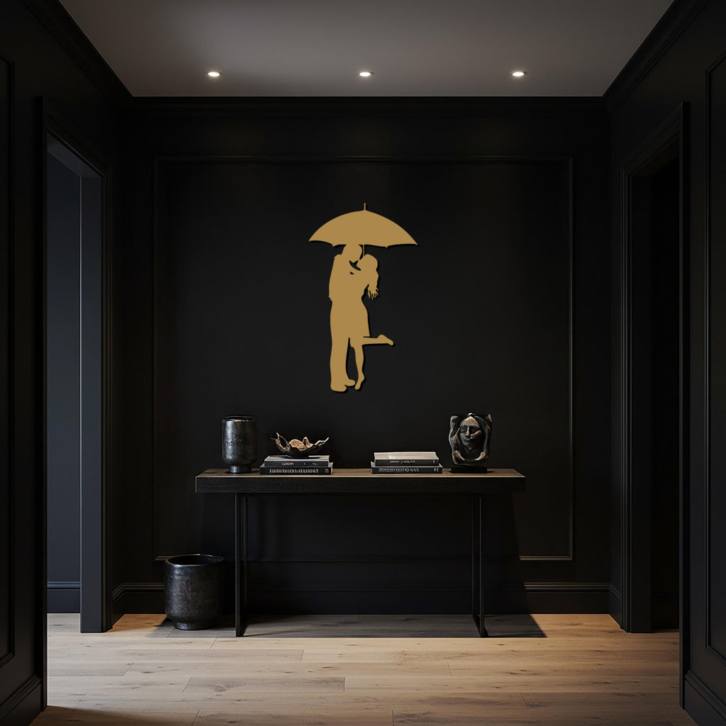 Romantic Couple Wall Art, Under Umbrella Silhouette, Modern Love Metal Decor, Black Iron Wall Sculpture for Elegant and Warm Interiors