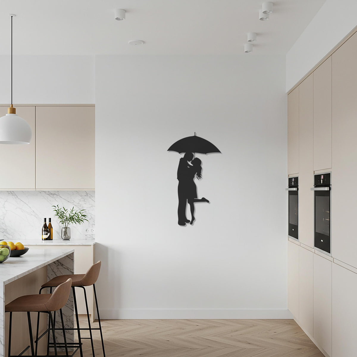 Romantic Couple Wall Art, Under Umbrella Silhouette, Modern Love Metal Decor, Black Iron Wall Sculpture for Elegant and Warm Interiors