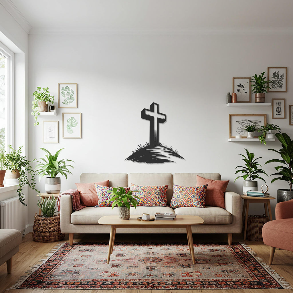 Cross on Hill Metal Wall Art, Religious Christian Wall Decor, Inspirational Faith Sign, Modern Minimalist Cross Artwork for Home