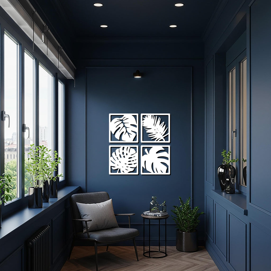 Set of 4 Leaf Metal Wall Art Panels, Tropical Monstera and Palm Silhouette Decor for Kitchen, Living Room, Modern Botanical Home Gift
