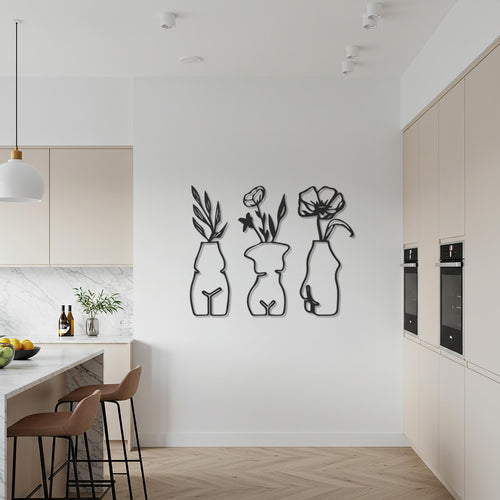 3 Piece Female Form Vase Metal Wall Art, Minimalist Floral Silhouette Decor for Kitchen, Dining Room, Modern Artistic Home Gift
