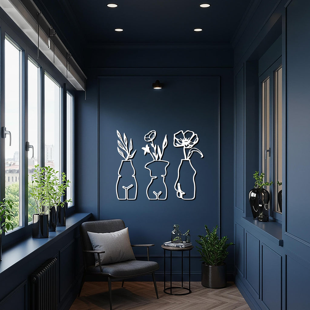 3 Piece Female Form Vase Metal Wall Art, Minimalist Floral Silhouette Decor for Kitchen, Dining Room, Modern Artistic Home Gift