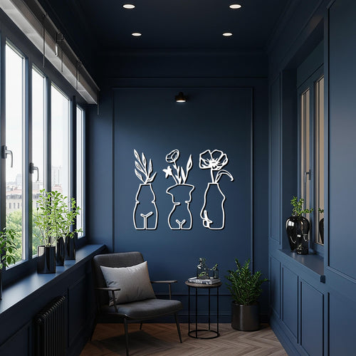3 Piece Female Form Vase Metal Wall Art, Minimalist Floral Silhouette Decor for Kitchen, Dining Room, Modern Artistic Home Gift