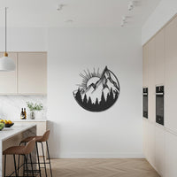 Mountain and Sun Metal Wall Art, Circular Nature Silhouette with Trees, Rustic Modern Decor for Living Room, Cabin, or Nature Lover Gift 4