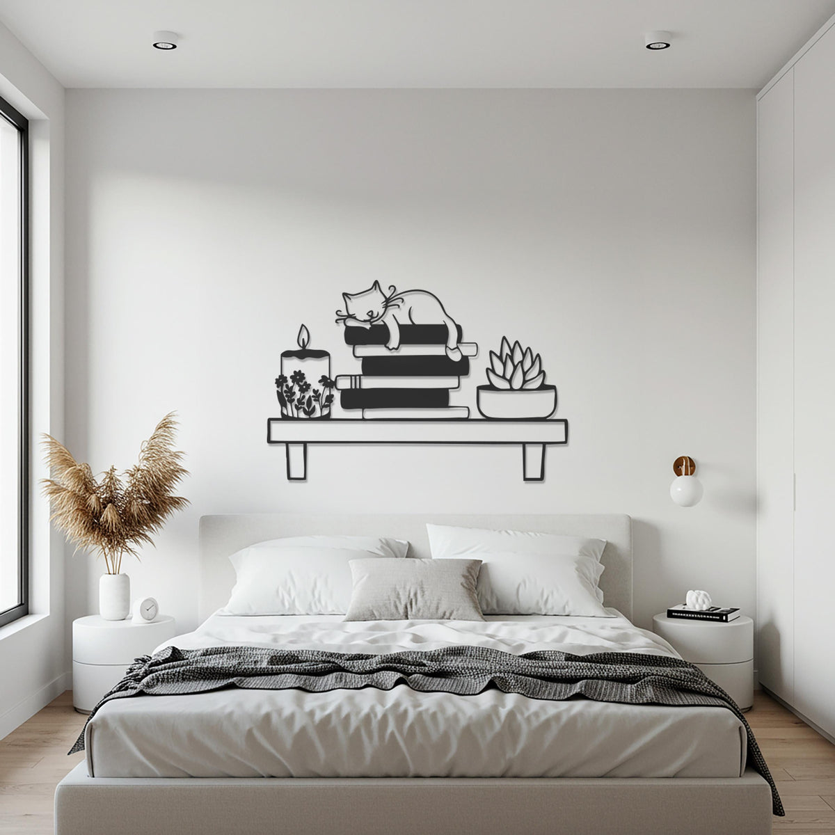 Cat on Bookshelf Metal Wall Art, Cozy Reading Nook Decor with Plant and Candle, Cute Book Lover Gift, Modern Home, Bedroom Wall Art