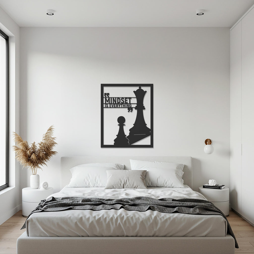 Mindset is Everything Chess Metal Wall Art, Motivational Quote with Chess Pieces, Modern Office or Living Room Decor, Gift for Game Lovers