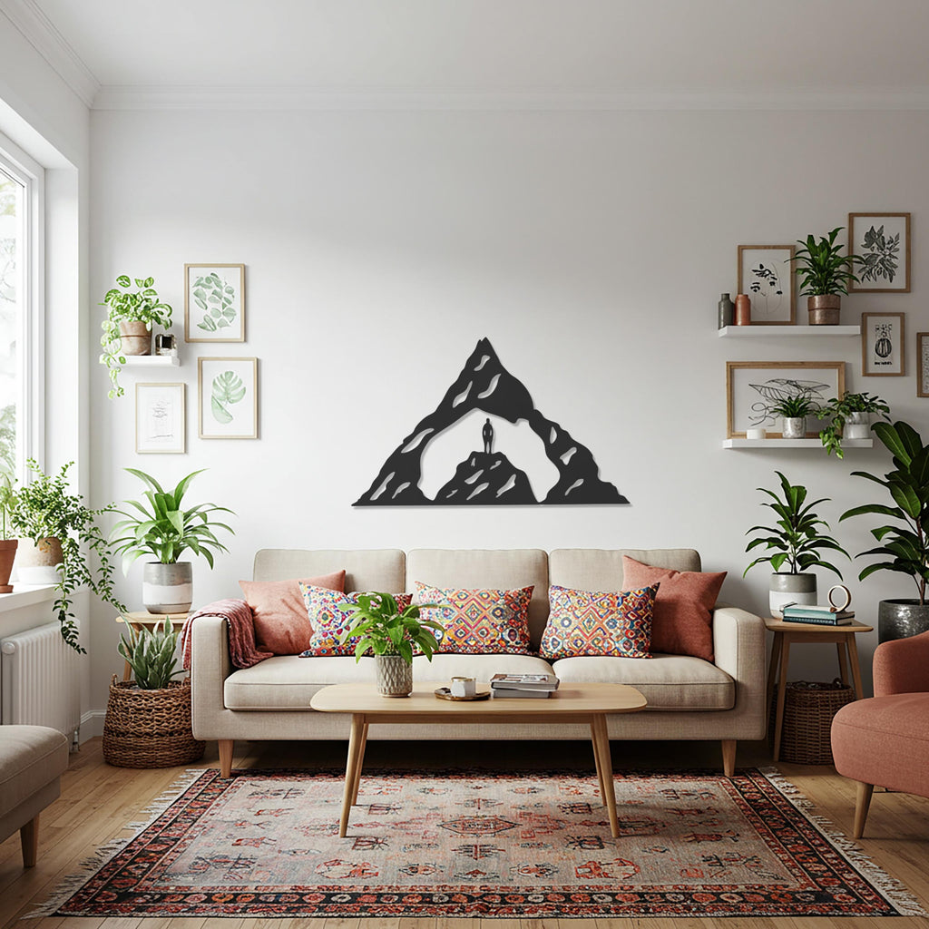 Mountain Peak Adventure Metal Wall Art, Modern Geometric Mountain Scene with Lone Explorer, Minimal Nature Wall Decor for Home or Office