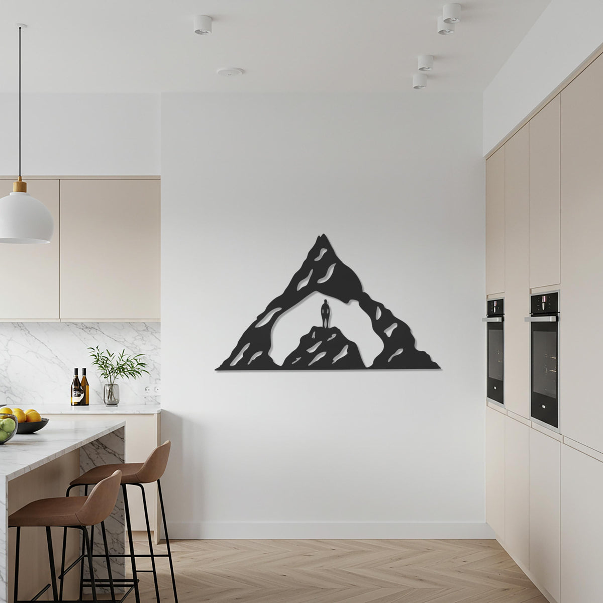 Mountain Peak Adventure Metal Wall Art, Modern Geometric Mountain Scene with Lone Explorer, Minimal Nature Wall Decor for Home or Office