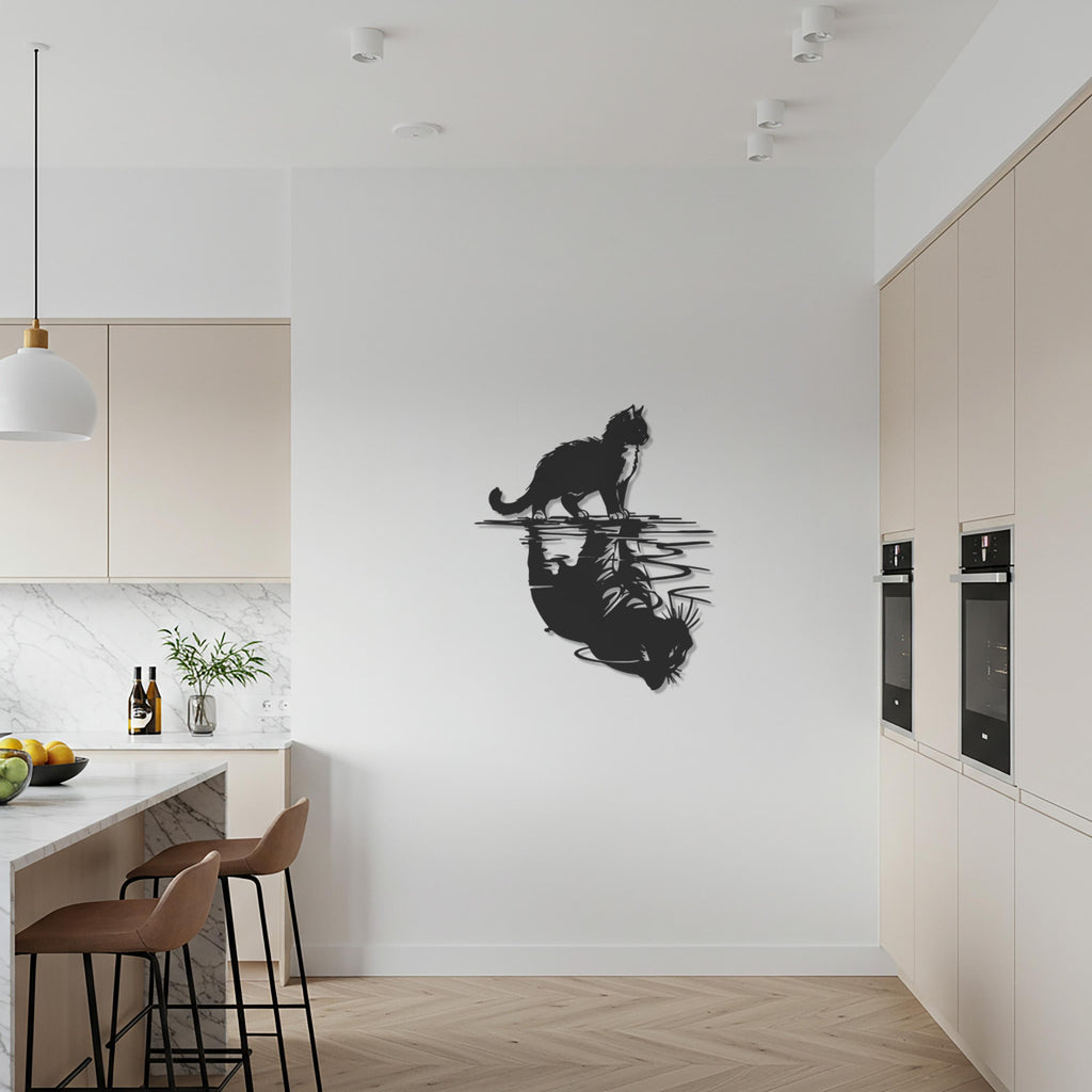 Cat Reflection Metal Wall Art, Feline Silhouette Decor, Modern Minimalist Animal Wall Decoration for Pet Lovers and Home Interiors