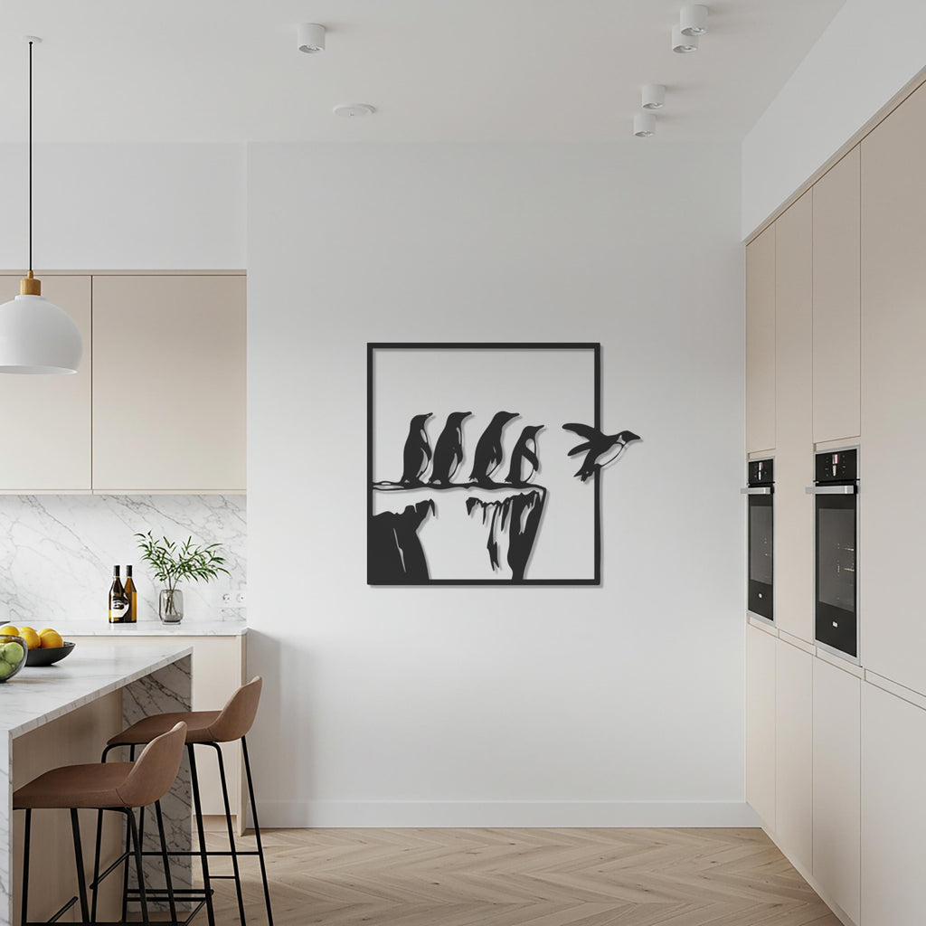 Penguin Metal Wall Art, Square Bird and Cliff Decor, Modern Animal Wall Sculpture, Minimalist Black Metal Artwork for Kitchen or Living Room