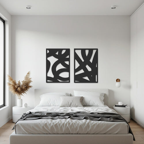 Abstract Metal Wall Art, 2 Panel Modern Sculpture, Minimalist Black Artwork, Contemporary Linear Home Decor for Kitchen or Living Room