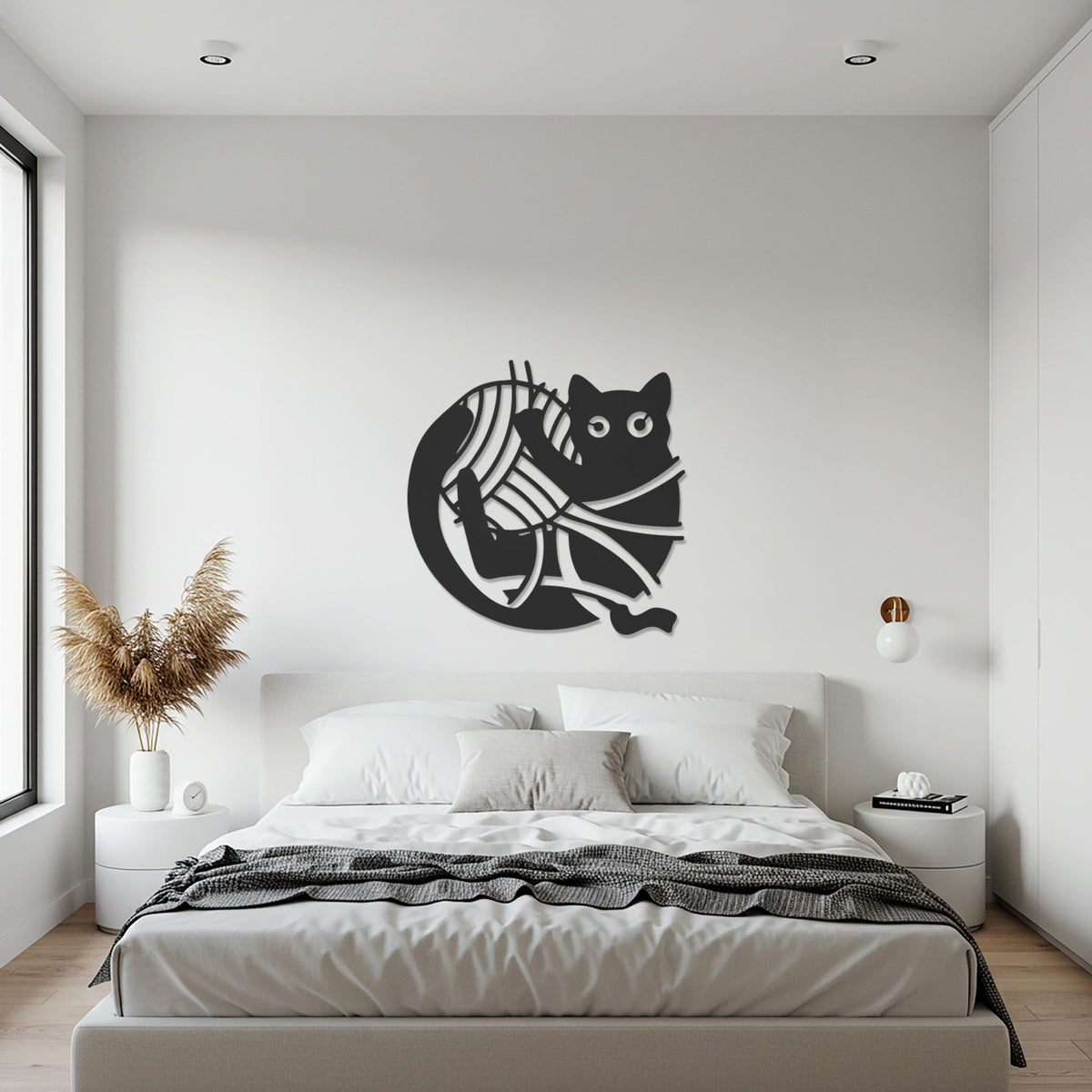 Cat Metal Wall Art, Yarn Ball Animal Decor, Cute Pet Wall Sculpture, Modern Black Artwork, Playful Cat Lover Gift for Kitchen or Living Room