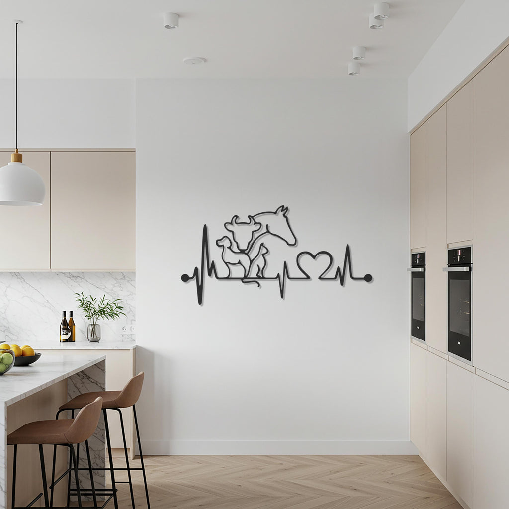 Veterinarian Heartbeat Animal Metal Wall Art, Farm Animal Line Drawing Decor, Cow Horse Dog Silhouette Sign, Gift For Vet & Animal Lovers