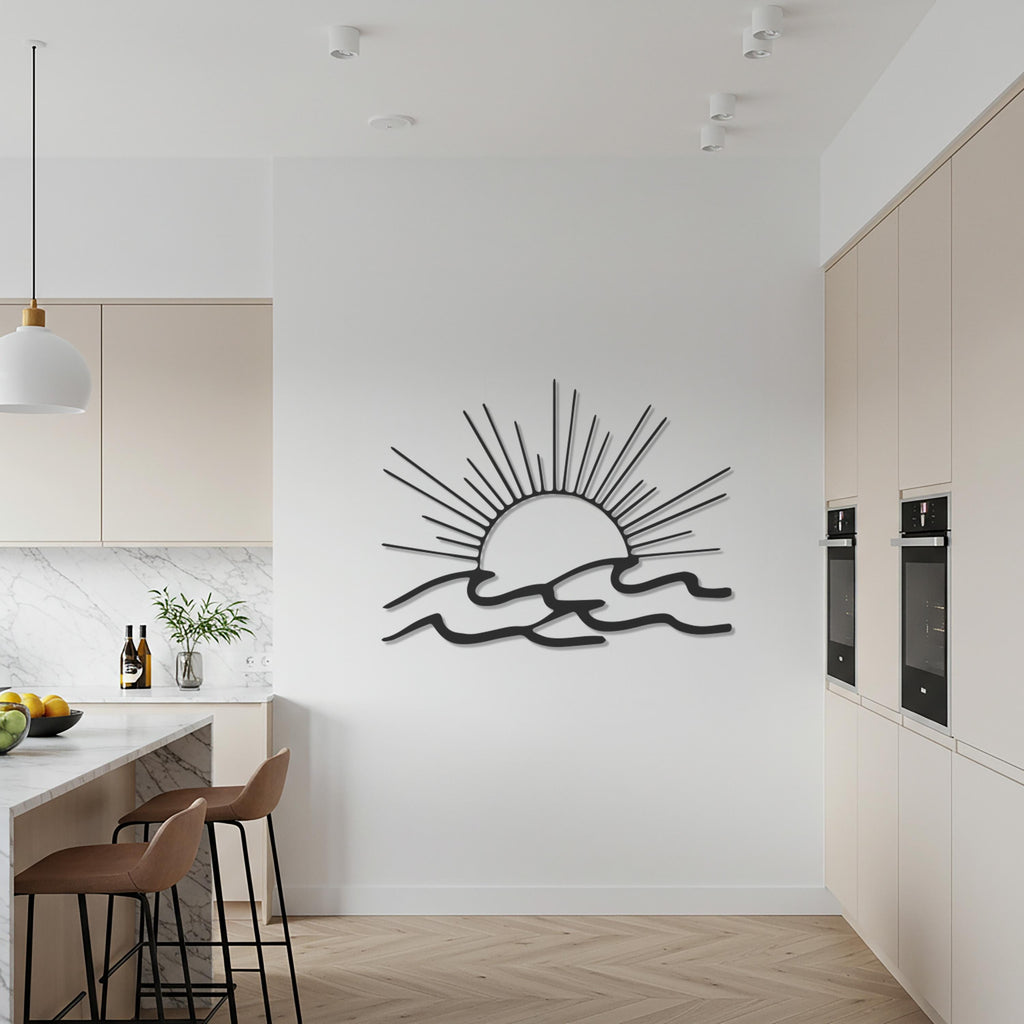 Sun and Wave Metal Wall Art, Gold Iron Coastal Decor For Entryway Or Living Room, Modern Ocean Sunset Wall Sign, Housewarming Gift