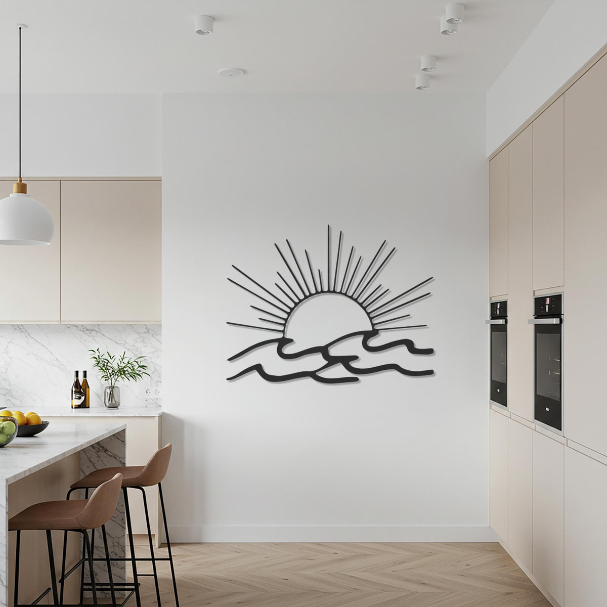 Sun and Wave Metal Wall Art, Gold Iron Coastal Decor For Entryway Or Living Room, Modern Ocean Sunset Wall Sign, Housewarming Gift