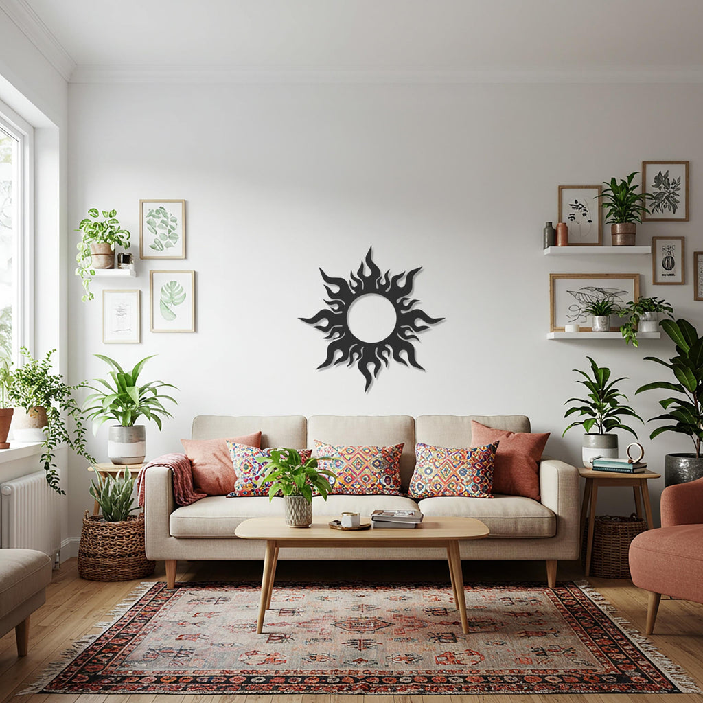 Sun Flame Metal Wall Art, Tribal Sun Wall Decor, Boho Sunburst Sculpture, Modern Gold Wall Hanging, Celestial Home Accent For Hallway