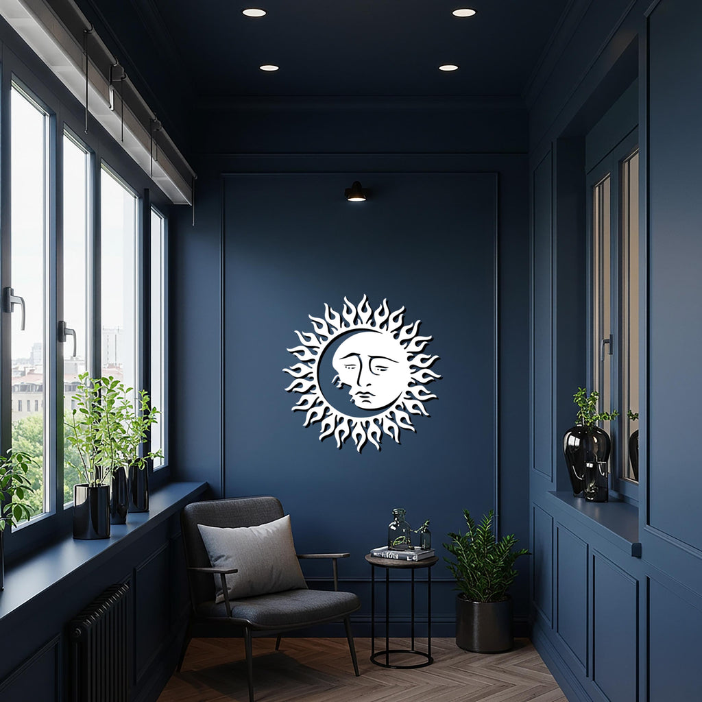 Sun and Moon Metal Wall Art, Celestial Face Wall Decor, Black Flame Sun Design, Spiritual Moon Artwork, Framed Sculpture for Kitchen Gift