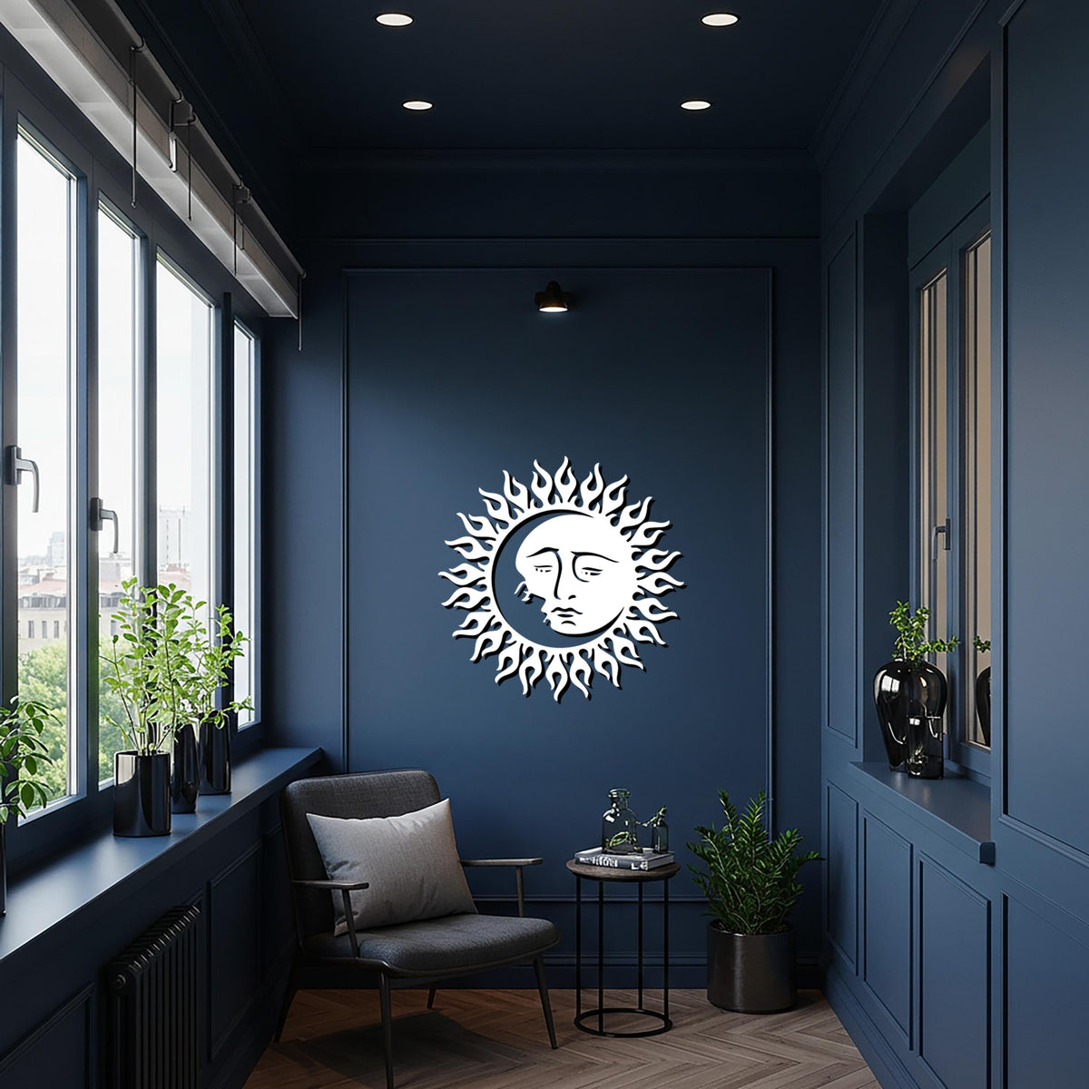 Sun and Moon Metal Wall Art, Celestial Face Wall Decor, Black Flame Sun Design, Spiritual Moon Artwork, Framed Sculpture for Kitchen Gift