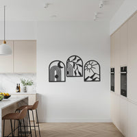 Modern Abstract Sun Moon Mountain Metal Wall Art, Set of 3 Panels, Black Kitchen Wall Decor, Geometric Metal Art, Minimalist Wall Hanging 3
