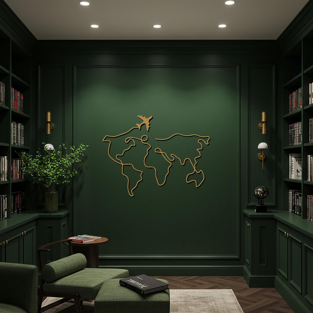 Airplane World Map Metal Wall Art, Travel Lover Gift, Wanderlust Home Decor, Modern Geography Metal Sign, Jetsetter Room Accent