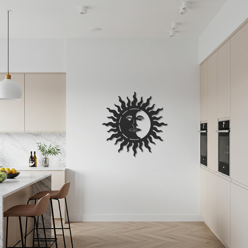 Sun and Moon Metal Wall Art, Celestial Face Wall Decor, Black Metal Sun Art, Half Moon Design, Modern Boho Style for Unique Home Accent