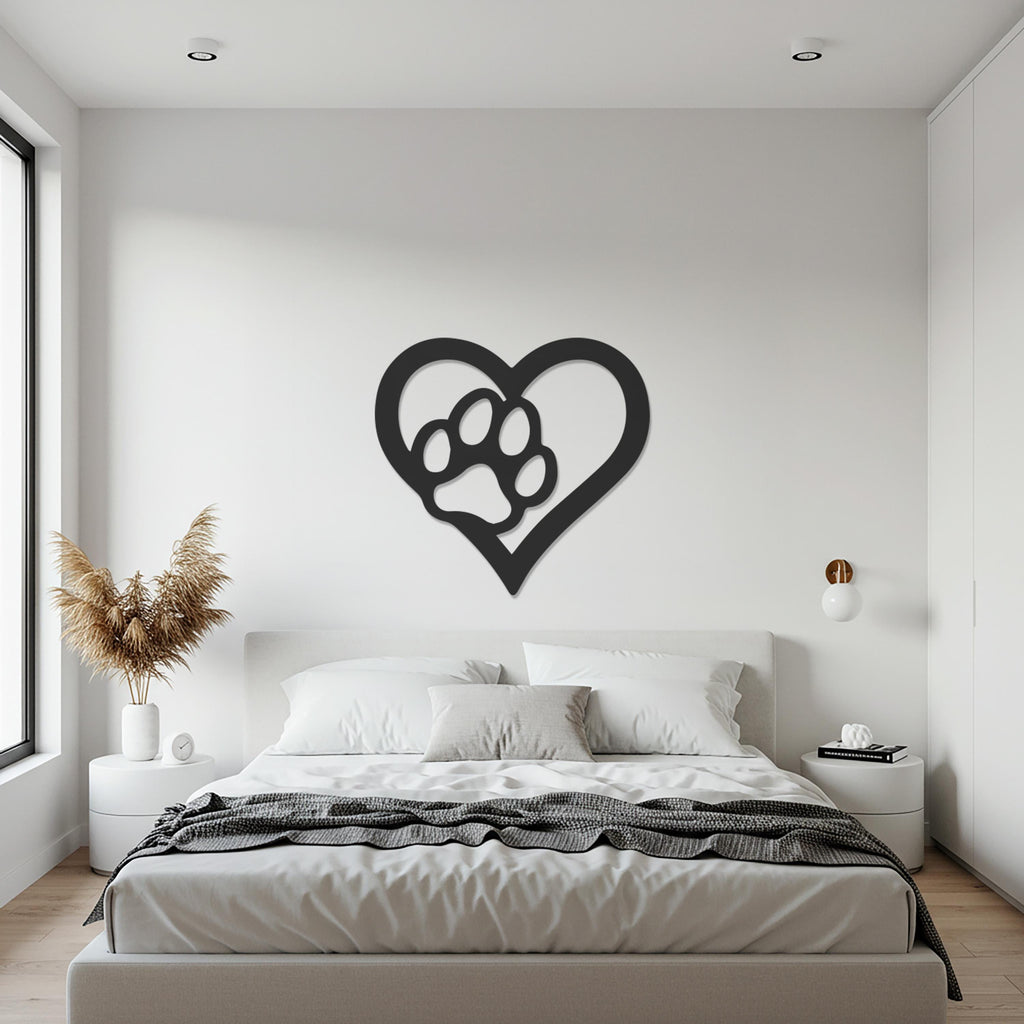 Paw Heart Metal Wall Art, Pet Lover Wall Decor, Dog and Cat Silhouette Heart Sign, Animal Paw Print Wall Hanging for Home or Office