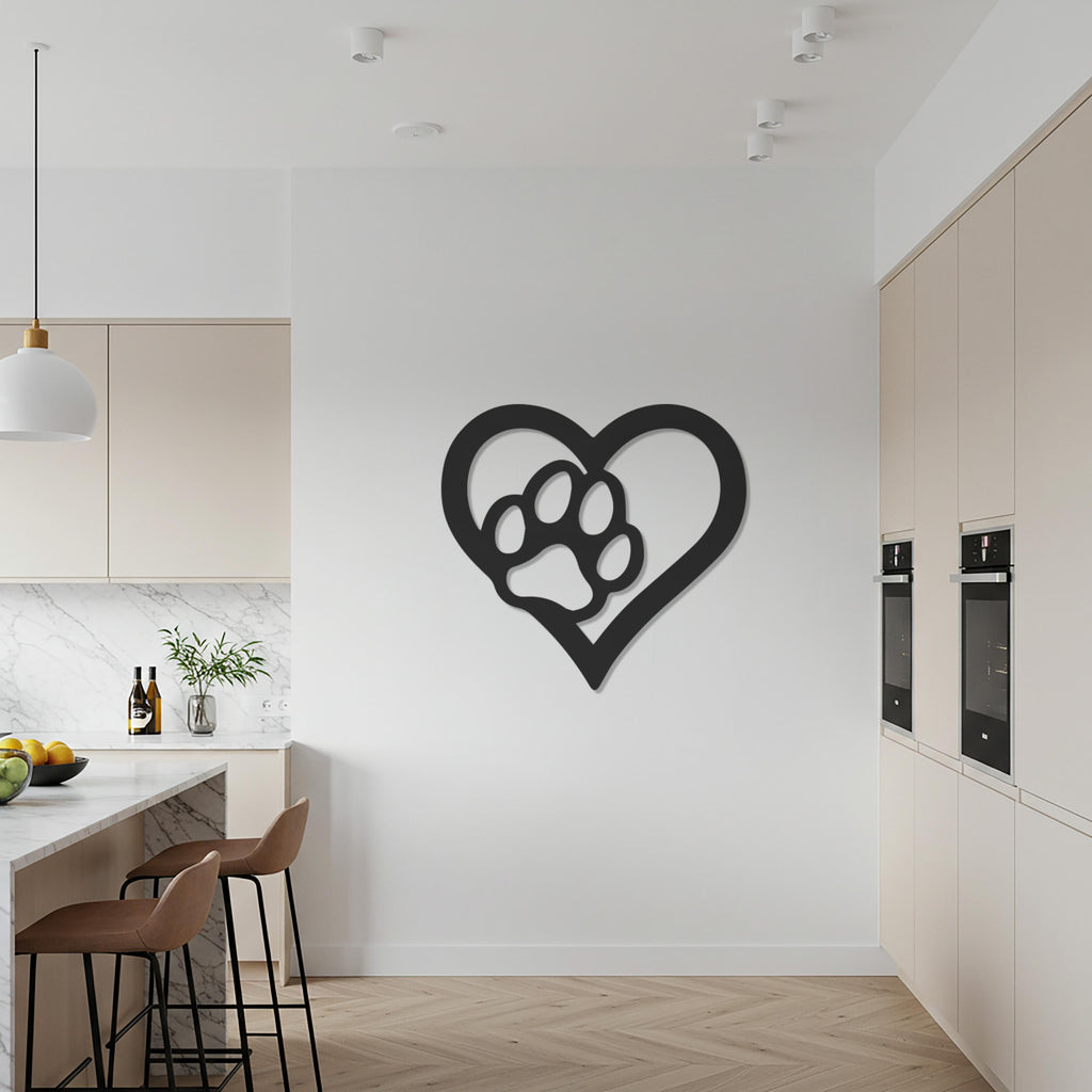 Paw Heart Metal Wall Art, Pet Lover Wall Decor, Dog and Cat Silhouette Heart Sign, Animal Paw Print Wall Hanging for Home or Office