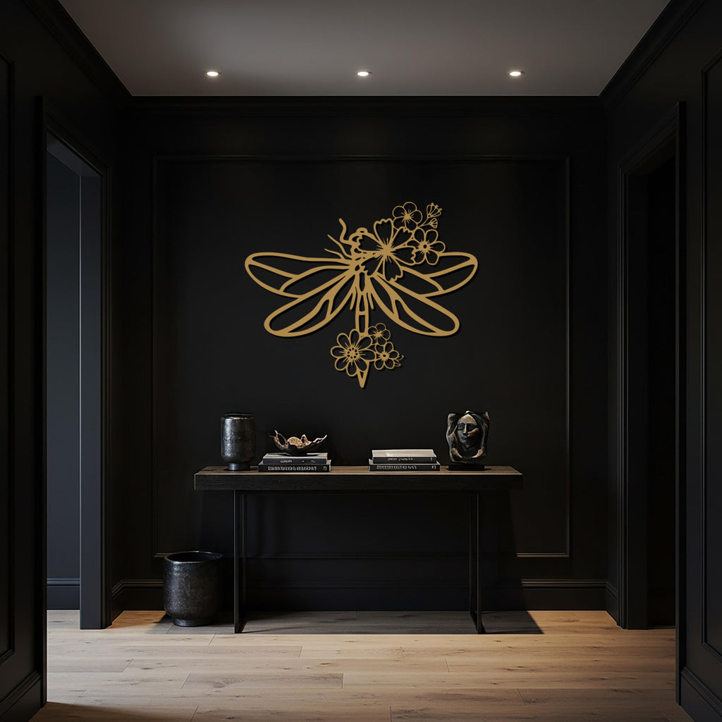 Dragonfly Metal Wall Art with Flowers, Nature Inspired Metal Wall Decor, Botanical Insect Wall Hanging, Modern Minimalist Room Decoration